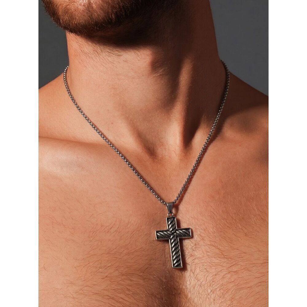 Silver Rope Design Cross Pendant Necklace Stainless Steel 23" Box Chain Unisex